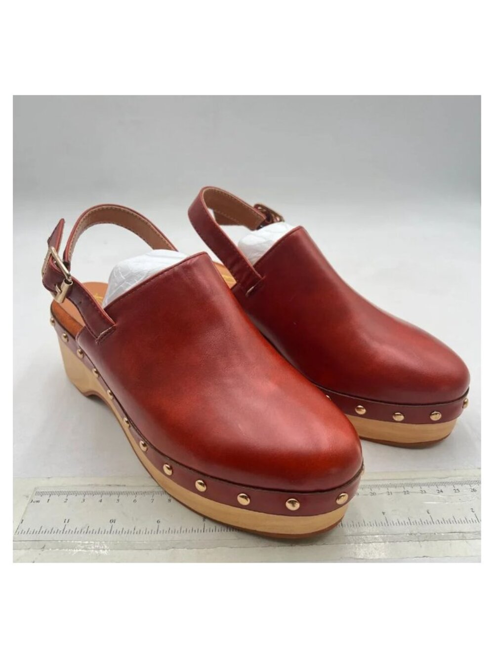 XYD Brown Studded Closed Toe Slingback Buckle Platform Low Thick Heels Pumps
